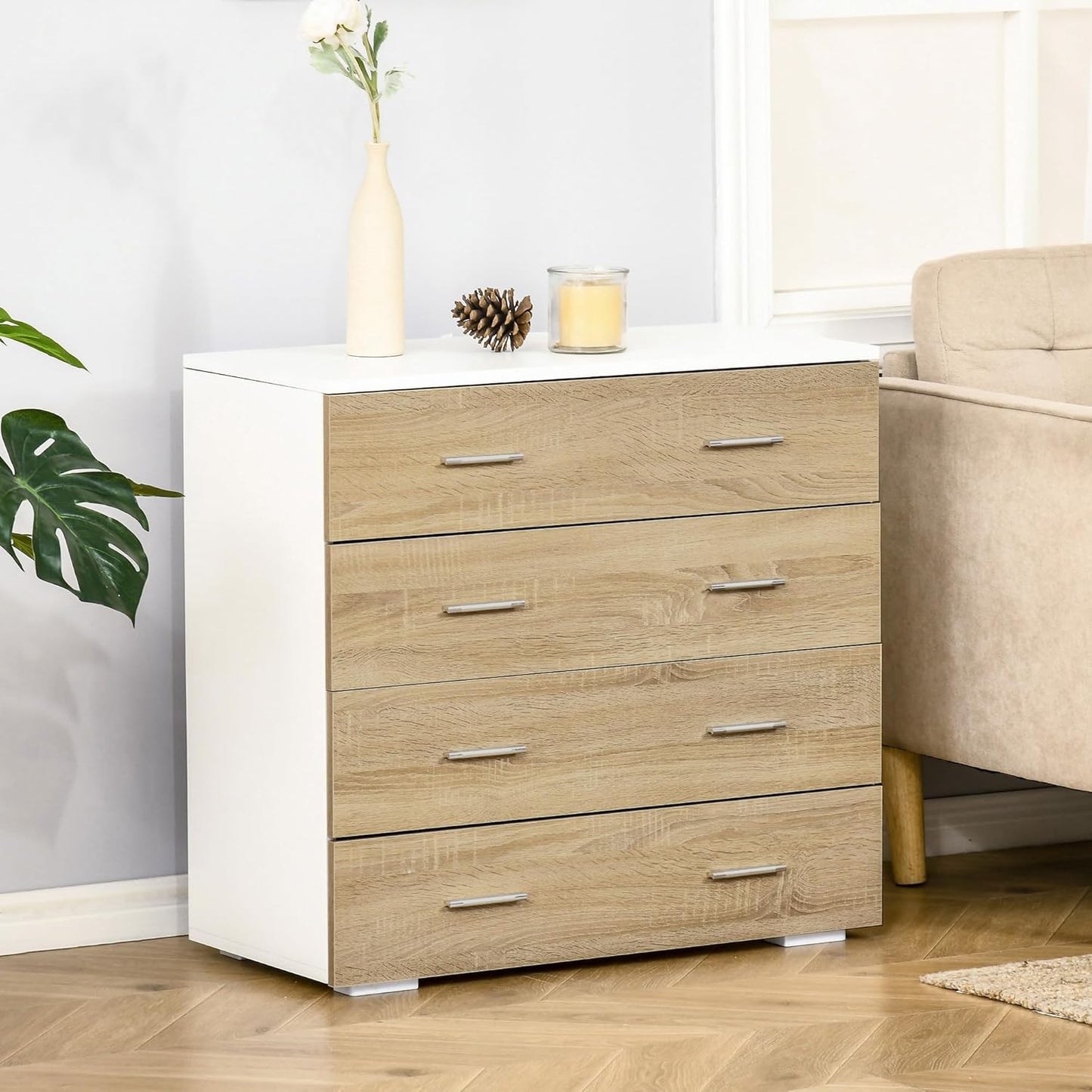 Chest of Drawers with 4 Drawers Bathroom Cabinet Drawer Cabinet for Bedroom Living Room Oak White 76 x 35 x 72 cm