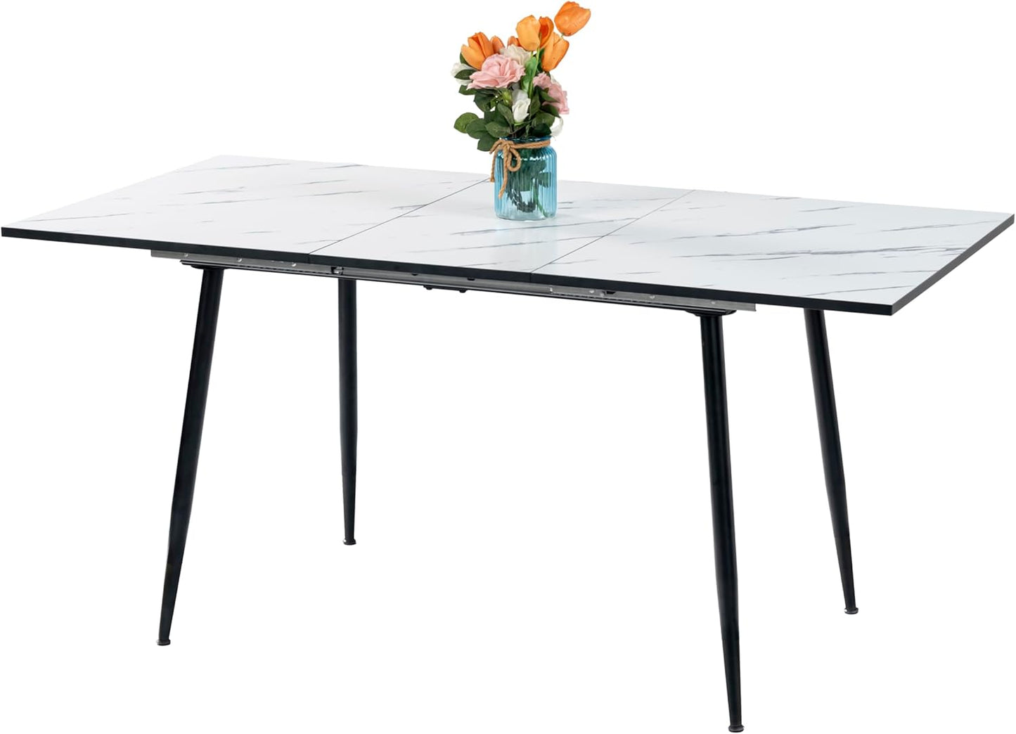 Extendable Dining Table with White Marble-Effect Top Adjustable Length 120-160cm Modern Design with Black Metal Legs Perfect for Dining Room Kitchen, White 120-160x80x75cm