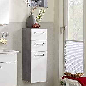 Bathroom Cabinet in White Gloss / Concrete Look, 30 cm Wide, Base Cabinet with 1 Door, 2 Drawers and 1 Shelf