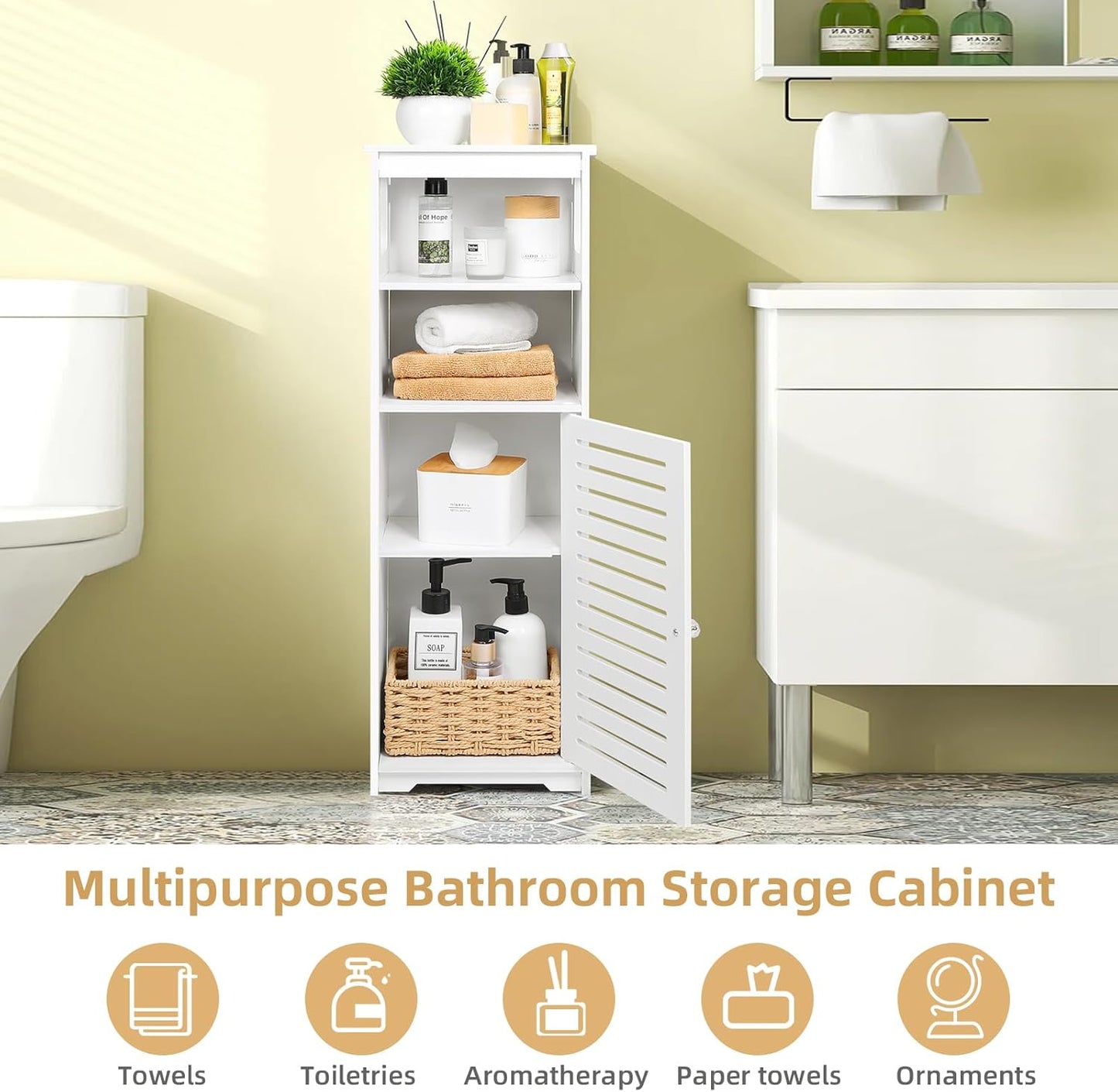 Waterproof Bathroom Cabinet, White Base, Standing Storage Cabinet, Home Storage, Furniture Shelf, Suitable for Toilet, Bedroom, Kitchen, Living Room