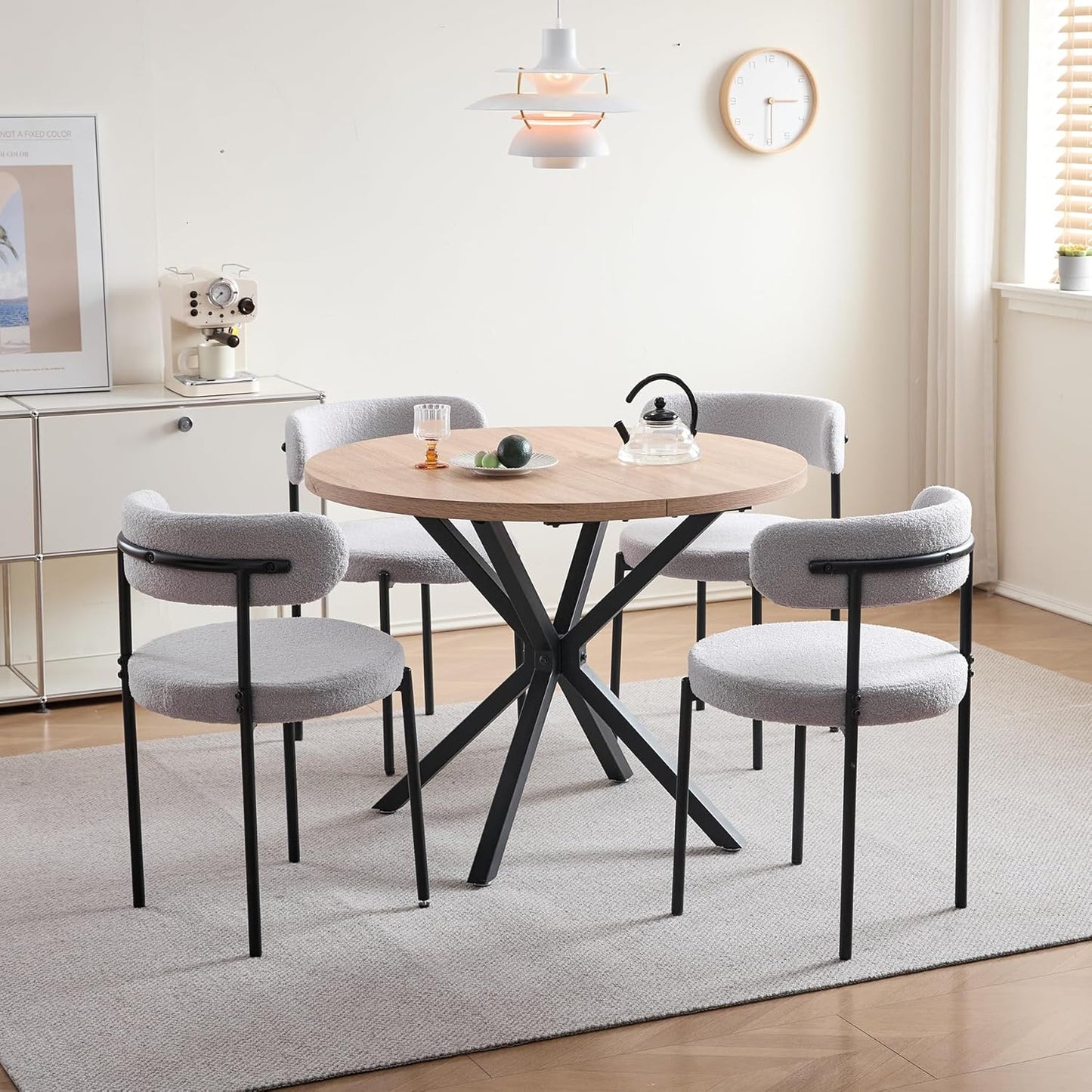 Dining Set Table and Chairs, 100 cm Round Dining Table with 4 Dining Room Chairs, Table and 4 Chairs for Kitchen, Living Room, Balcony, Restaurant, Office (Light Wood Colour + Grey)