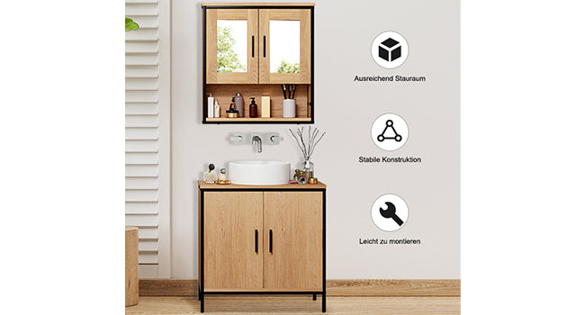 Bathroom Furniture Set, Bathroom Cabinet with Height-Adjustable Divider, Bathroom Cabinet with 2 Mirrors, Chest of Drawers with 4 Drawers, Side Cabinet, Made of Wood Material, Light Oak Black