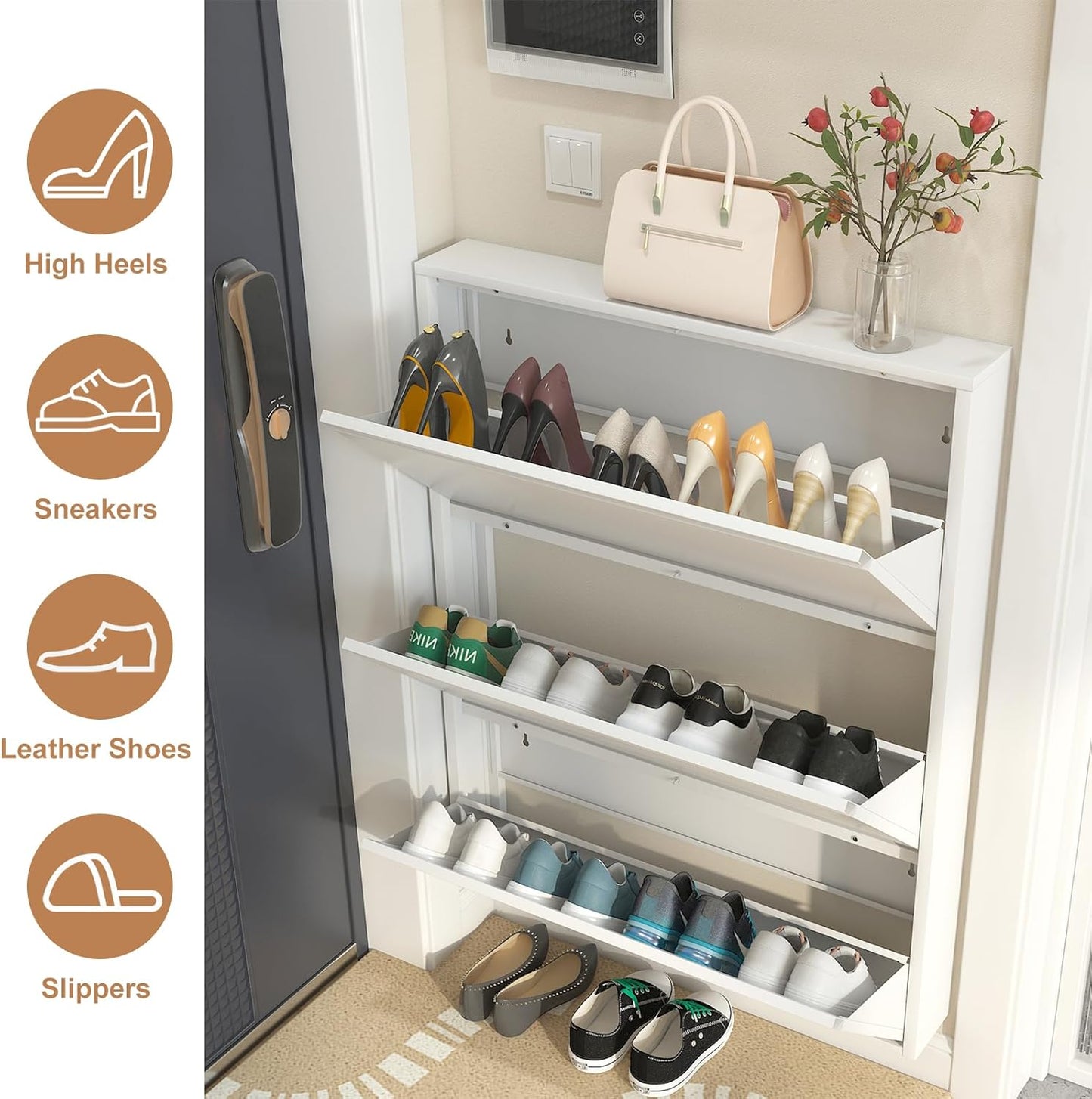 LUCYPAL 3 Flip Drawers Shoe Storage Cabinet,Narrow Shoe Wall Cabinet for Entryway,3 Tier Freestanding Shoe Organizer for Hallway, Bedroom, Apartment, White 43" H*31.5" W*6" D