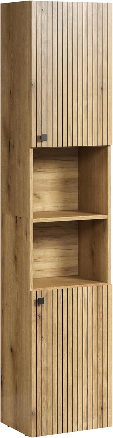 trendteam smart living - PureBliss 233710142 Tall Cupboard - Bathroom - Dimensions (W x H x D) 40 x 186 x 31 cm - Colour Evoke Oak with Black Grooves