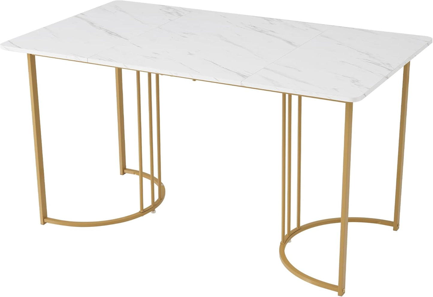 Dining Table 140 x 80 cm, Modern Kitchen Table with Metal Frame, Rectangular Marble Pattern Kitchen Table with Adjustable Feet for Dining Room and Living Room, White/Gold