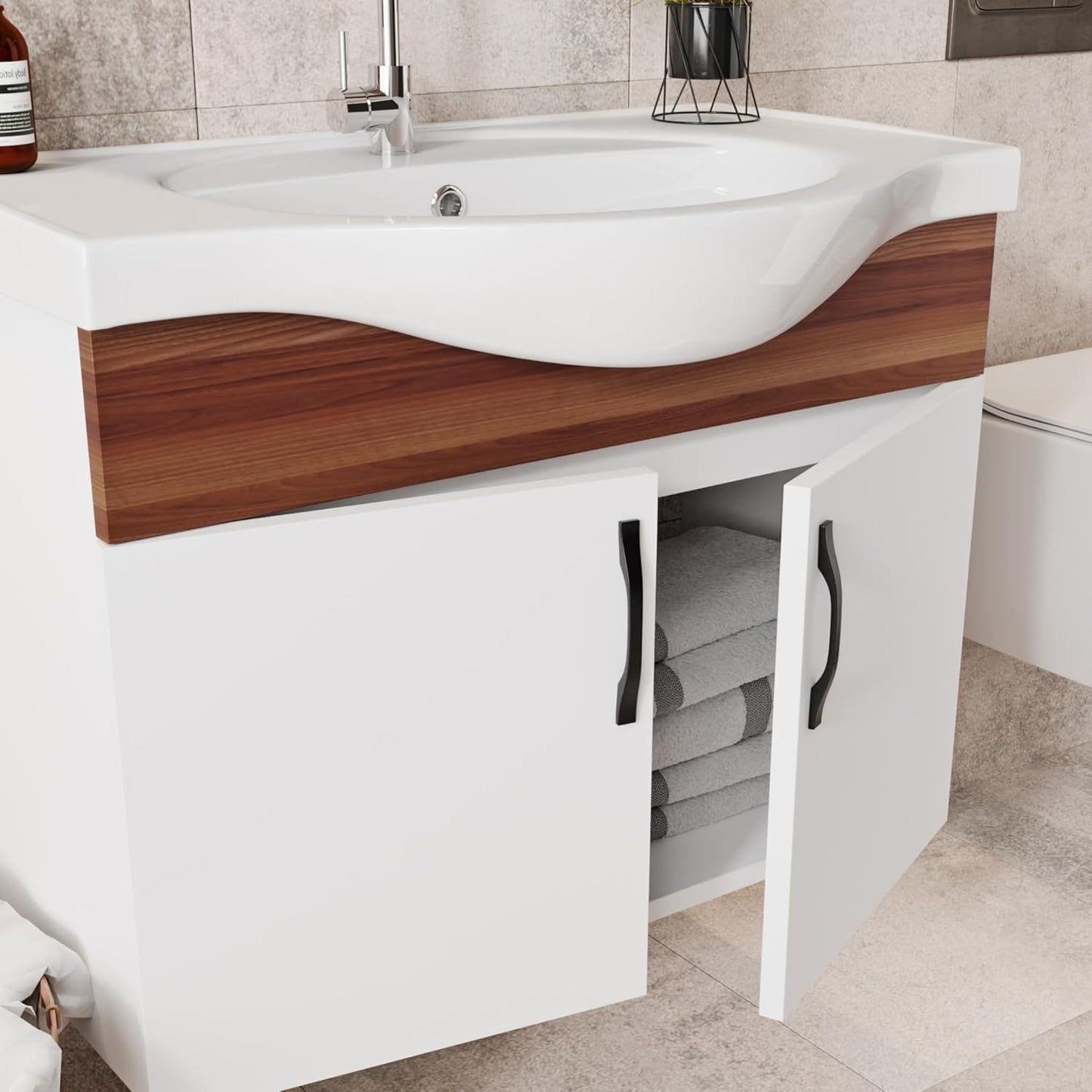 Bathroom Furniture Set, Ceramic Sink, Base Cabinet, Mirror Cabinet, Ironing Handles, White with Willow Wood Veneer, Natural Style, Bathroom Furniture, Vanity Unit