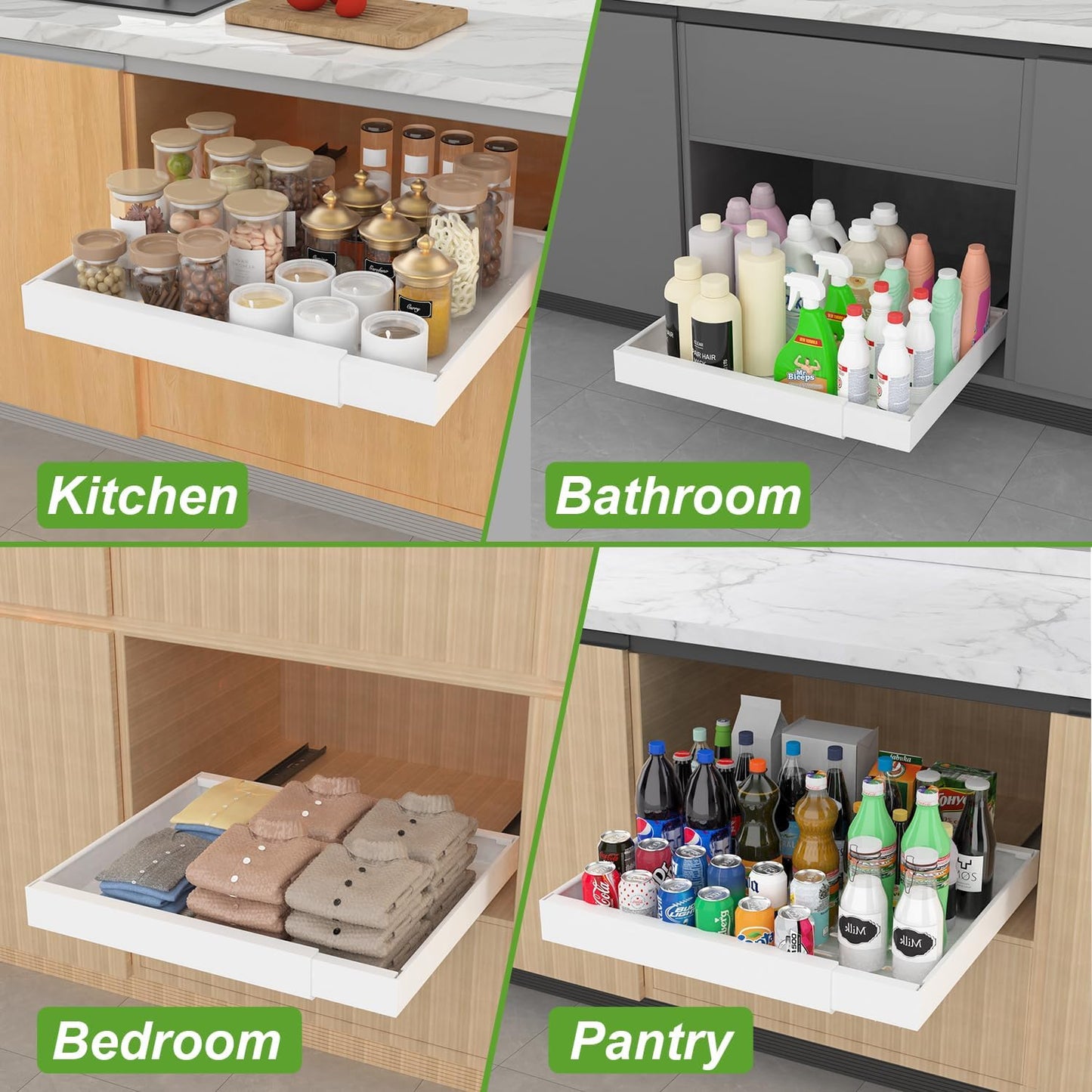 Pull out Cabinet Organizer, Expandable(12.2"-20.5") Heavy Duty Slide Out Drawers, Fixed with Adhesive Nano Film or Screw, Roll out Shelf Storage for Kitchen Base Cabinet Organization(16.5''Deep)