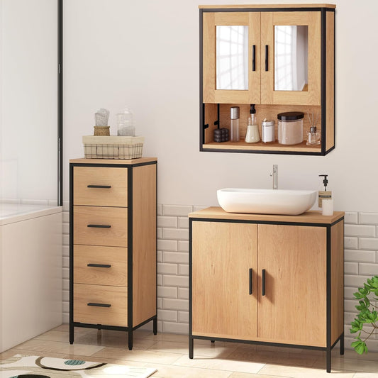 Bathroom Furniture Set, Bathroom Cabinet with Height-Adjustable Divider, Bathroom Cabinet with 2 Mirrors, Chest of Drawers with 4 Drawers, Side Cabinet, Made of Wood Material, Light Oak Black