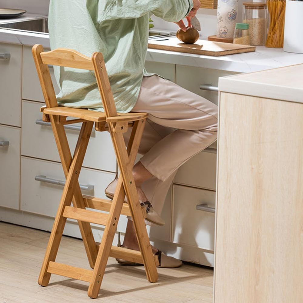 Bamboo Folding Bar Stool Counter Height Stool with Back Footrest Portable Bar Chair Dining Chairs for Kitchen Garden Indoor Outdoor No Assembly (Brown)