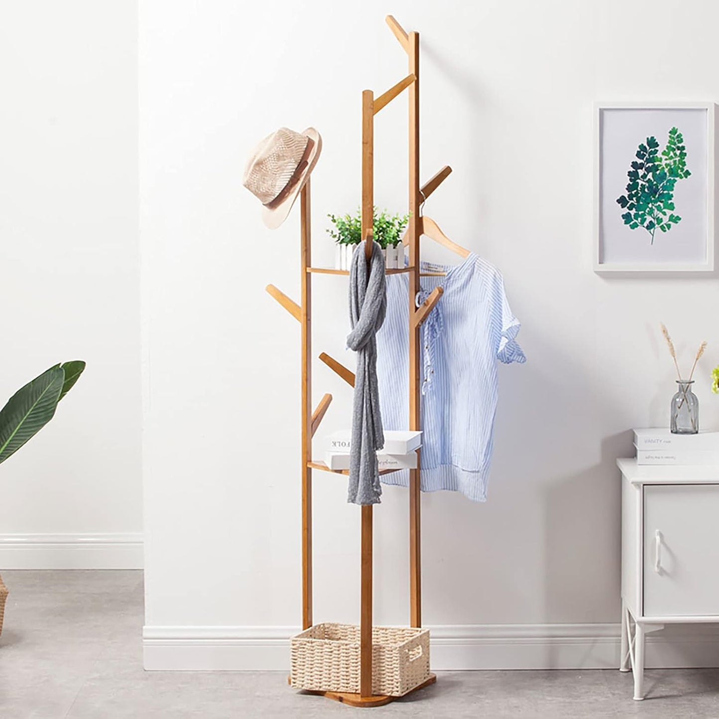 Coat Rack Clothes Rack Freestanding Coat Rack 8 Hooks with 2 Shelves for Clothes Hat Bags (Wood Color)