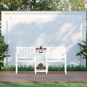 Garden Bench with Integrated Table, 2-Seater, Robust Wooden Bench, HBT: 86 x 161 x 61 cm, Garden and Balcony, White