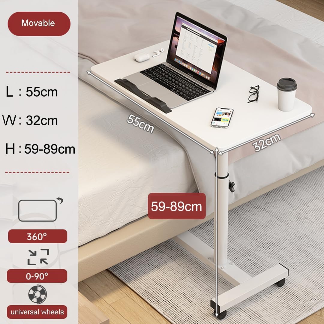 SOUNAY Side Table Bed, C Shape Side Table, Height Adjustable with Wheels Made of Wood and Metal, Care Table for Bed, Small Sofa Side Table, White, Sofa Table, Side Table for Couch, Living Room, 55 x