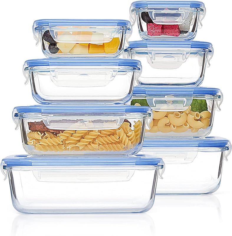 Vtopmart 8 Pack Glass Food Storage Containers with Airtight Lids, Glass Meal Prep Containers, Bento Boxes for Lunch, for Microwave, Oven, Freezer and Dishwasher, BPA Free