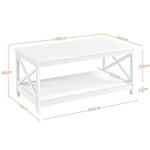 Coffee Table with 2 Shelves Sofa Table X-Shape Support Living Room Table Made of Wood Easy Assembly Modern Side Table for Living Room / Balcony / Office 100 x 50 x 45 cm White