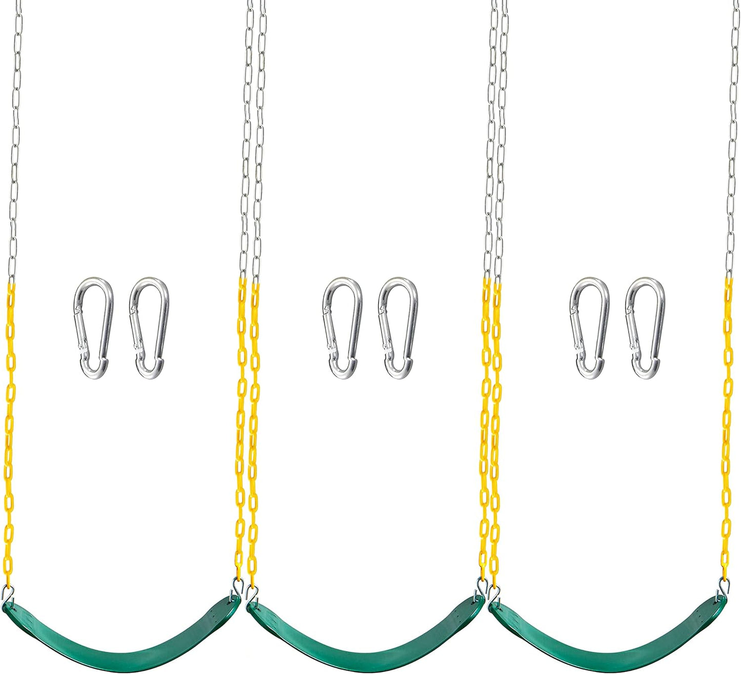 TURFEE 3 Pack Green Swing Seats Heavy Duty with 66" Chain, Swing Set Accessories Replacement with Snap Hooks for Kids Outdoor Play Playground, Trees, Backyard (Limit 300lb)