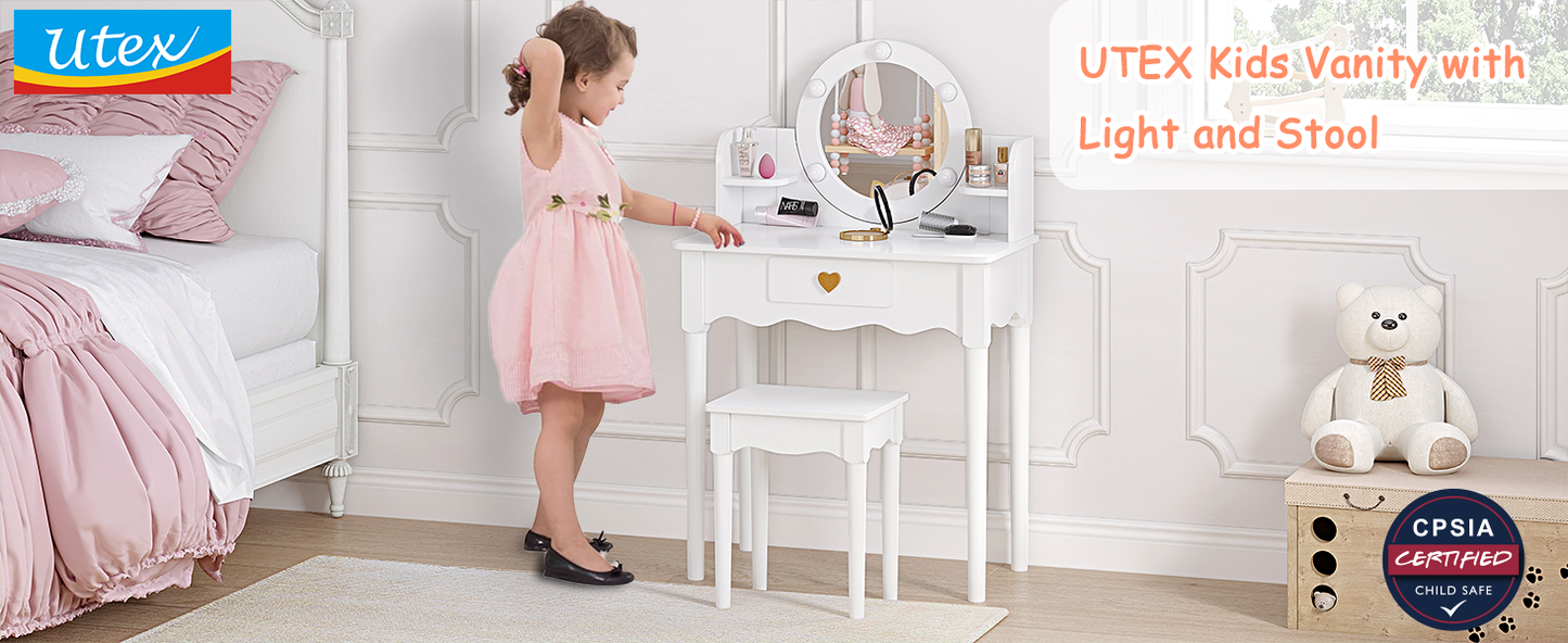 UTEX Kids Vanity, Girls Vanity Set with Mirror and Stool and Lights, Pretend Play Kids Vanity Table and Chair Set,Wooden Princess Makeup Desk Dressing Table, White