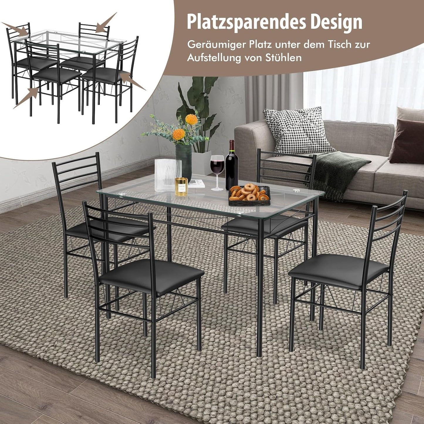 Dining Table with 4 Chairs, 5-Piece Dining Table Set, Dining Set with Padded Chair & Glass Table Top & Metal Frame, Modern Dining Room Set for Dining Room, Kitchen, Living Room