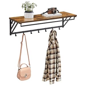 Coat Rack Hanging Rack with Shelf for Plants, Keys or Scarves, Coat Hook with 7 Hooks and Rod for Hangers, Industrial, Brown/Black