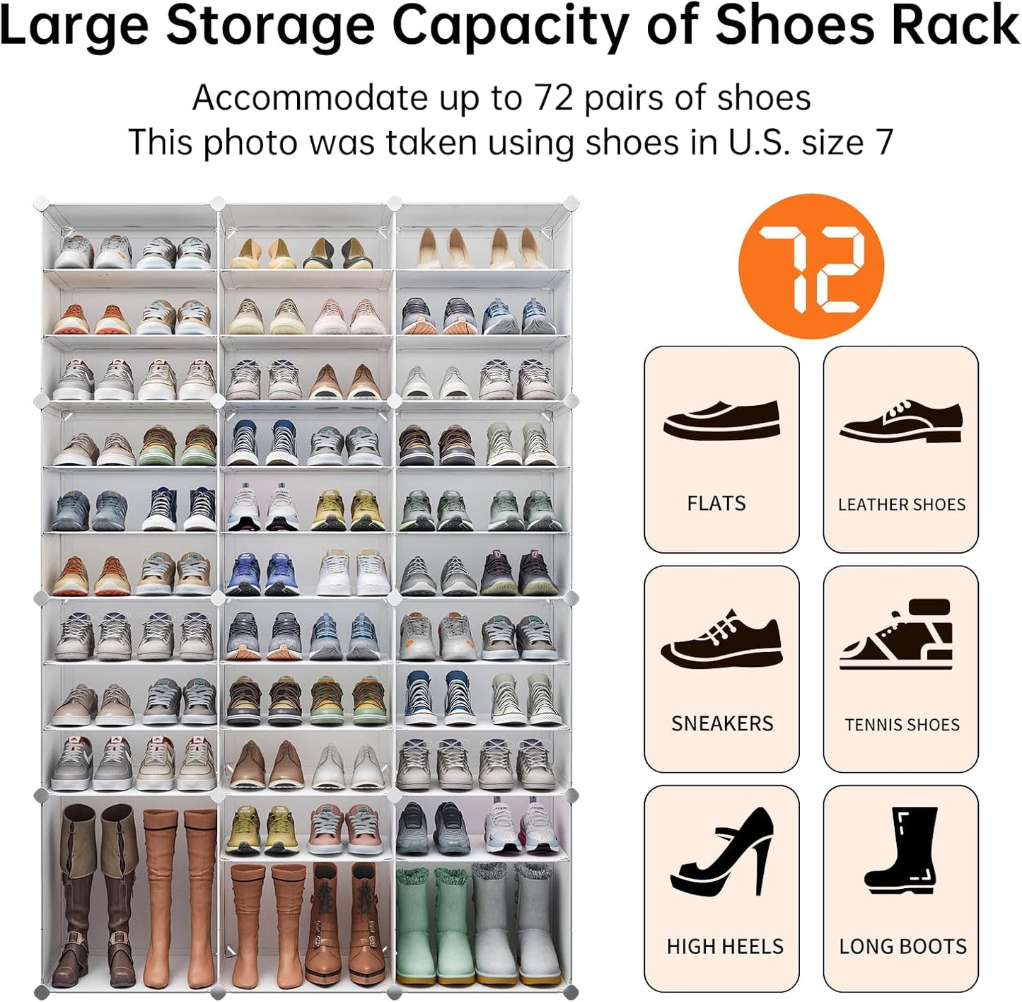 Shoe Rack, 72 Pairs Shoe Cabinet, Shoe Cabinet, Storage System, Large Tall Shoe Racks for Living Room, Closet, Bedroom, Hallway, White (122 x 30.5 x 182.9 cm)