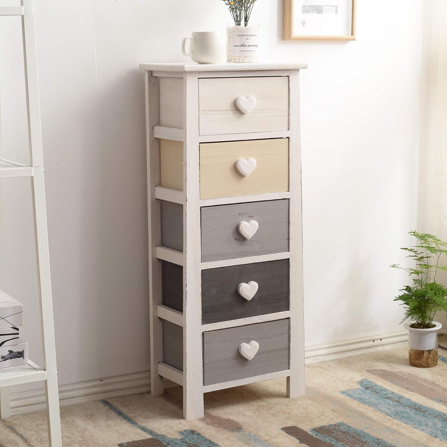 Bedroom Chest of Drawers with 5 Drawers Paulownia Wood White Grey Beige Black Vintage Bedroom Hallway - Dimensions: 89 x 37 x 27 cm (H x L x W) - Item RE4374