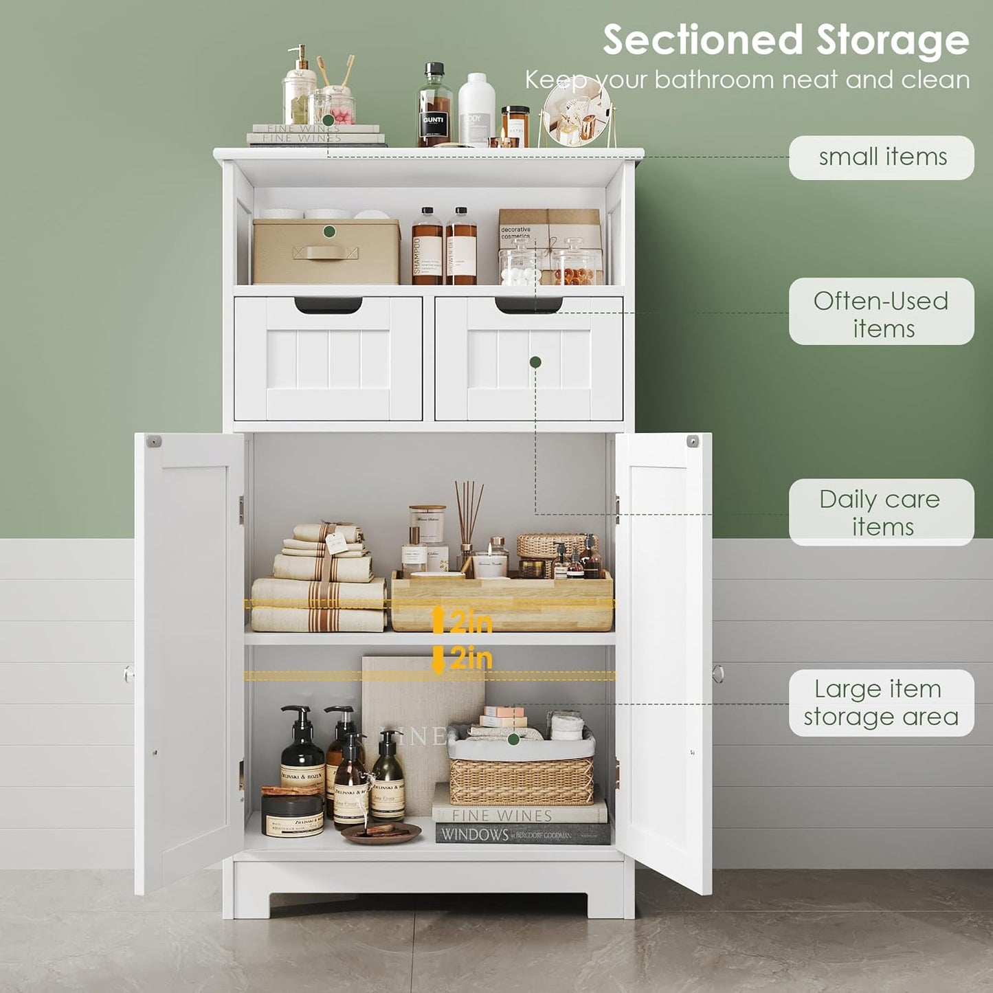 White Storage Cabinet with Drawers and Shelves, Bathroom Cabinet with Doors, Floor Storage Cabinet Hutch Cupboard for Dining/Living Room/Home Office