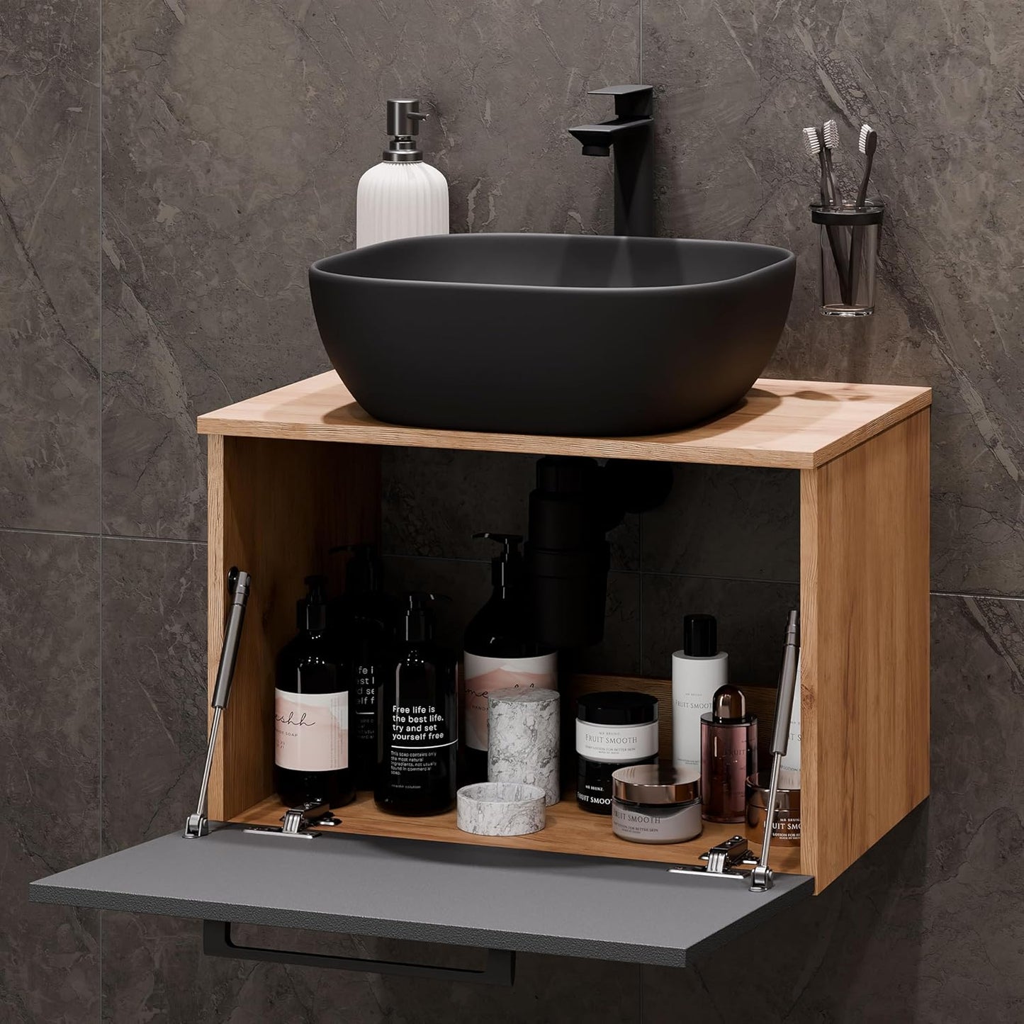 Bathroom Furniture Set with Vanity Unit 60 cm Gold Oak Anthracite Counter Top Sink 42 cm Black