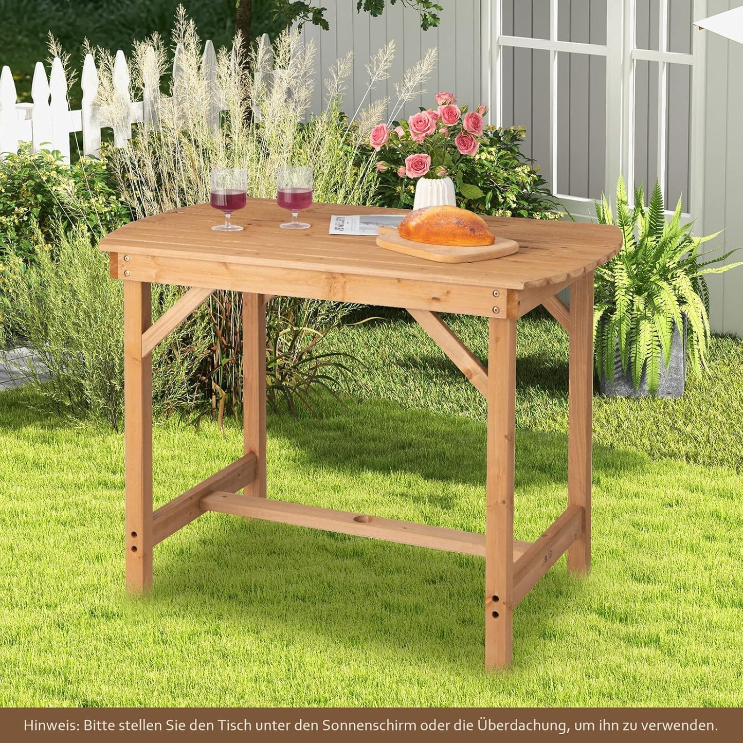 Solid Wood Garden Table, Dining Table with Umbrella Hole, Patio Table, Wooden Table for Backyard, Garden, 100 x 60 x 75 cm