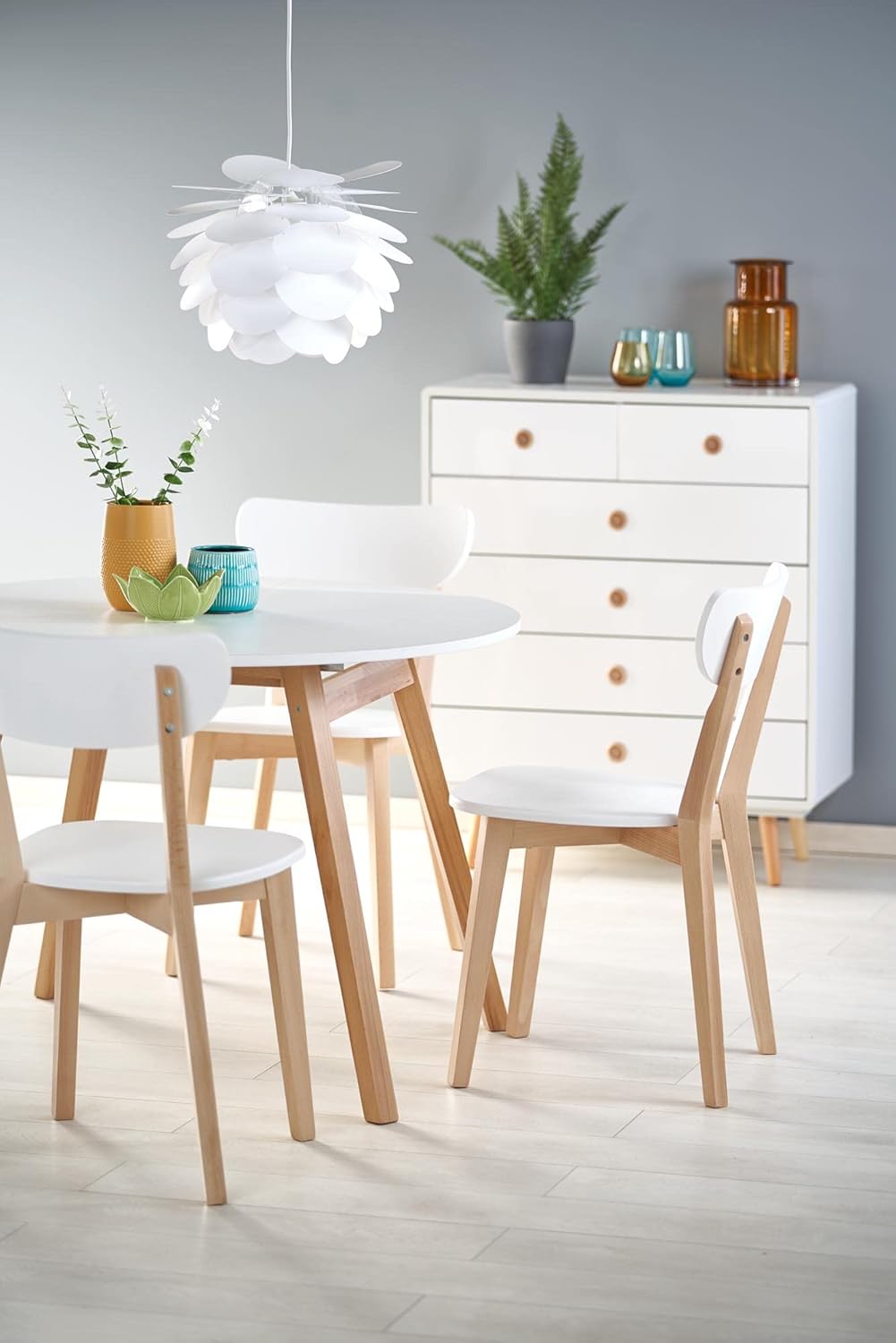 Dining Table Matte White Honey Oak Honey Round Extendible 102 to 142 cm