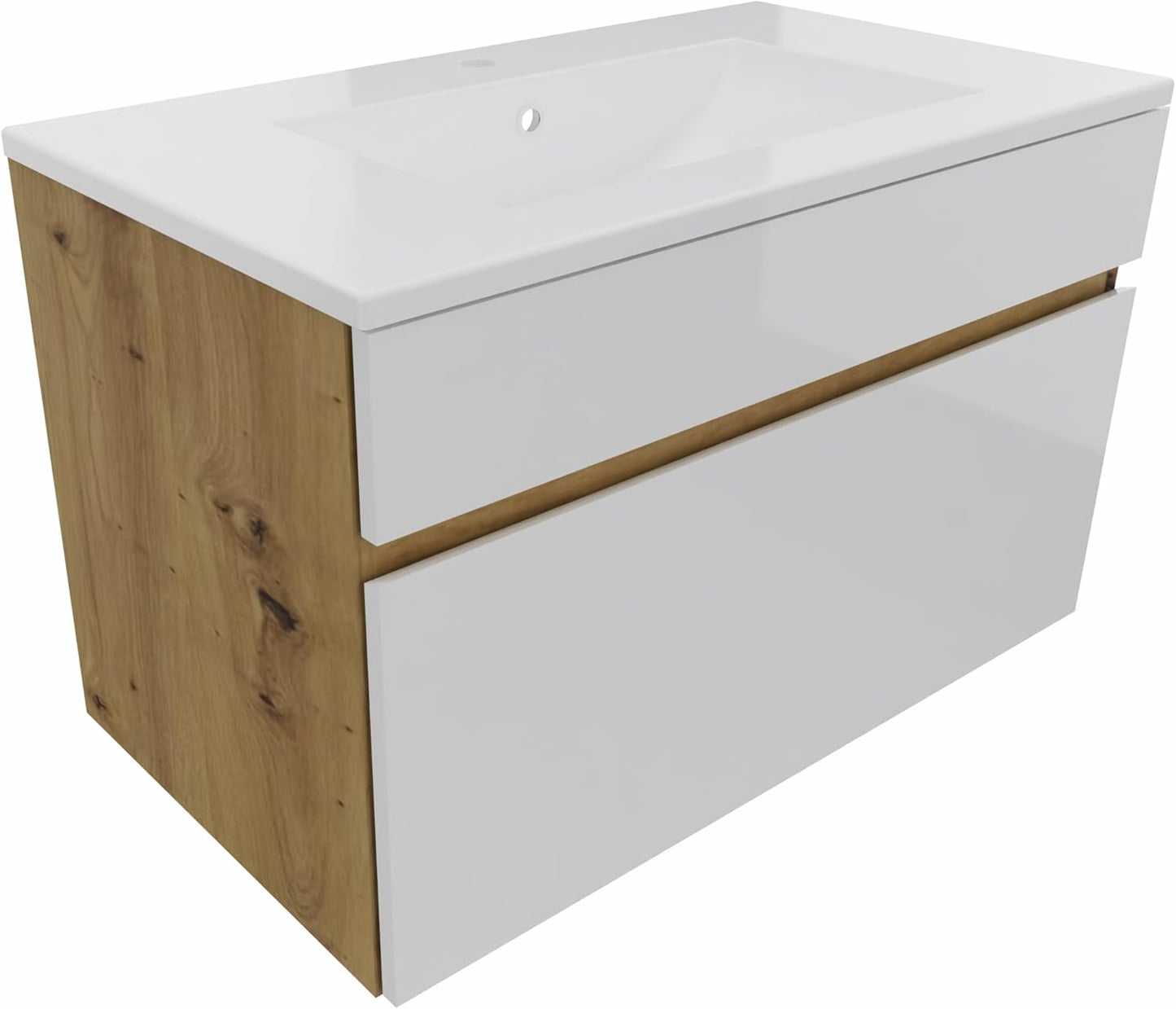 Bathroom Furniture Set Oak / White High Gloss Vanity Unit with Sink 2 x Tall Cabinets Mirror with Shelf