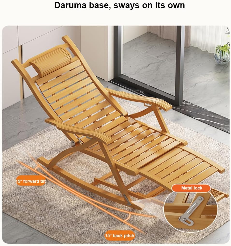 Foldable Bamboo Deck Chair, Ergonomic High-Backed Chair with Massage Function, Adjustable Relaxing Chair for Garden, Balcony and Camping, Lightweight Beach Lounger Foldable