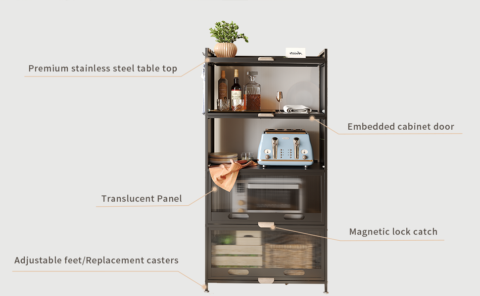 Rustproof 5-Tier Standing Kitchen Shelf, Kitchen Cabinet with Wheels and Feet, Microwave Cabinet, Baker's Shelf, Standing Shelf, Storage Shelf for Kitchen, Living Room with Visible Doors,