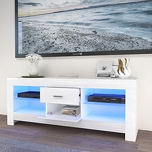 TV Lowboard, TV Sideboard with LED Lighting & Drawers, High Gloss TV Storage Unit, 130 x 50 x 35 cm, White