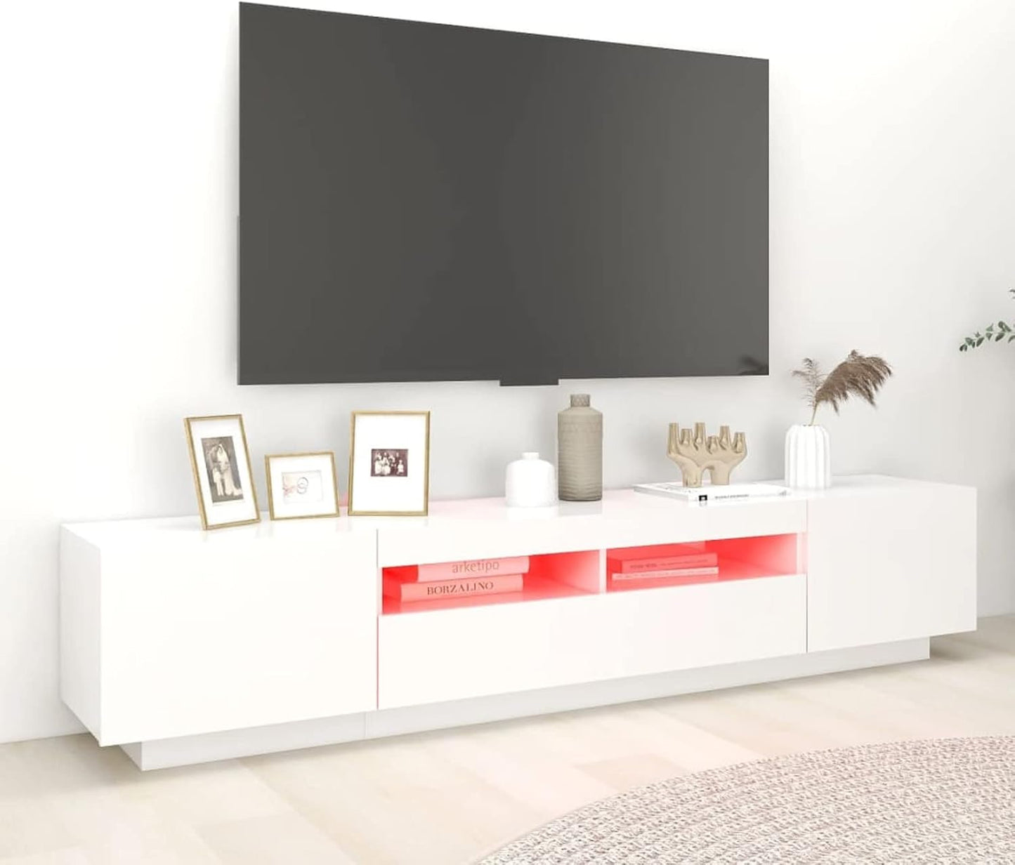 TV Cabinet with LED TV Cabinet, 200 cm Long, TV Lowboard, Wooden TV Table, Modern TV Table, TV Board, TV Cabinet for the Living Room, White, 200 x 35 x 40 cm