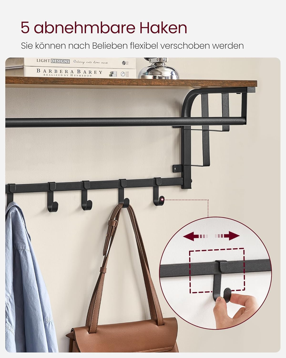 Shoe Bench, Wall Mounted Coat Rack, Industrial Style Furniture Set for Entryway, Wall Shelf with 5 Removable Hooks, Bench with Seat Cushion, Vintage Brown/Black LSR132B01