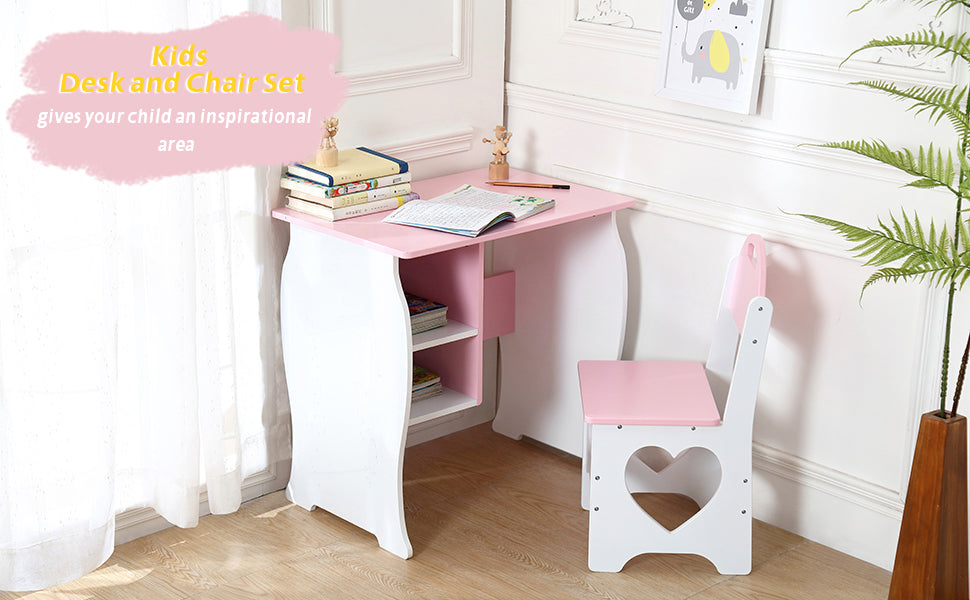 Kids Desk and Chair Set, Children Study Desk with Storage Shelf, Wooden School Study Table, Writing Table for Home School Use(Pink White)