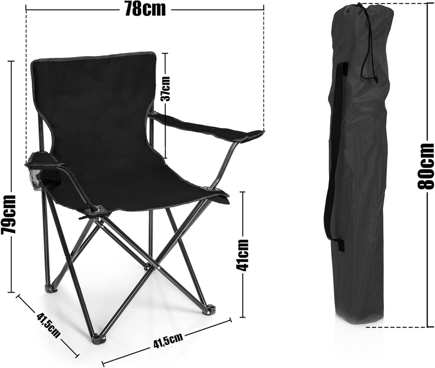 BigDean Folding Chair Black Camping Chair Fishing Chair with Drink Holder and Carry Bag - Folding Fishing Chair Garden Chair Folding Chair Relaxing Chair Fishing Chair Foldable