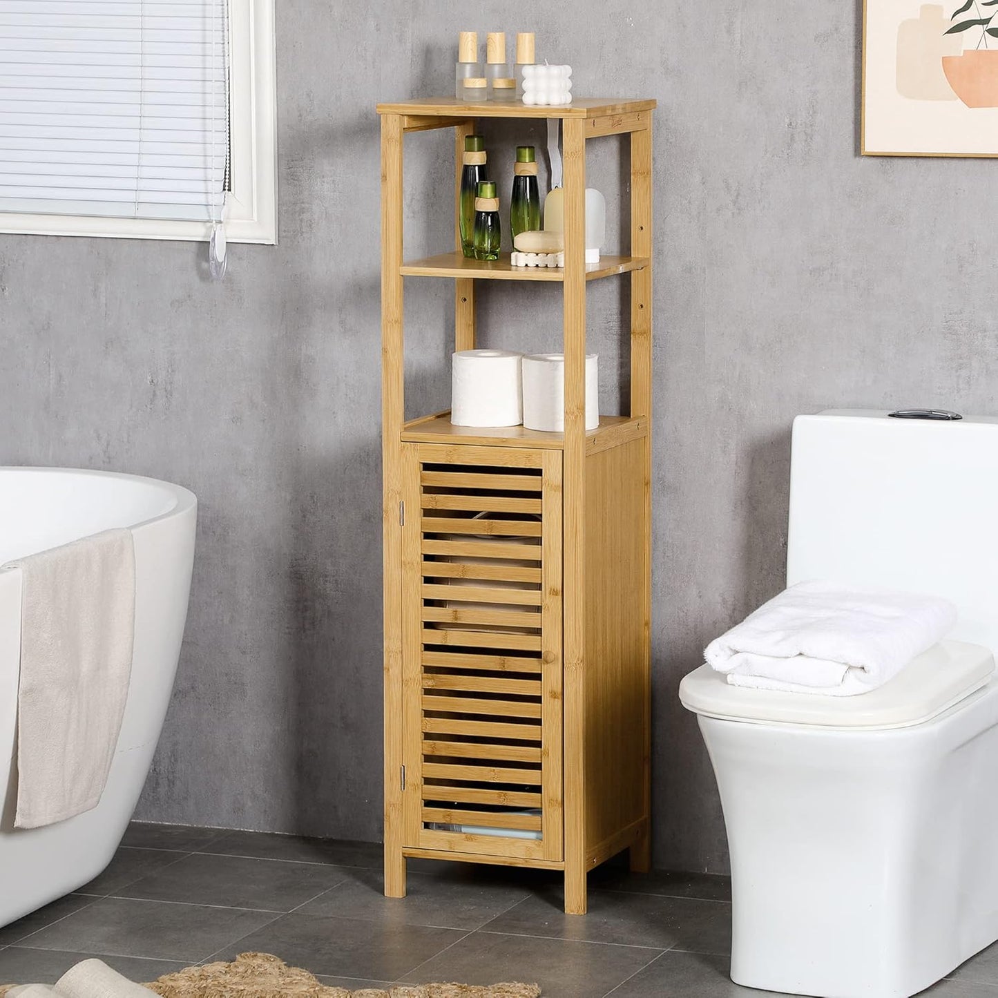 Bathroom Cabinet, Height Adjustable, Bamboo Bathroom Furniture with Cabinet, Two Open Shelves for Bathroom, Approx. 33 x 30 x 120 cm, Natural Wood