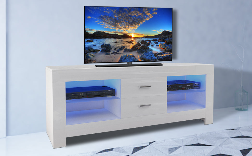 TV Lowboard, TV Sideboard with LED Lighting & Drawers, High Gloss TV Storage Unit, 130 x 50 x 35 cm, White