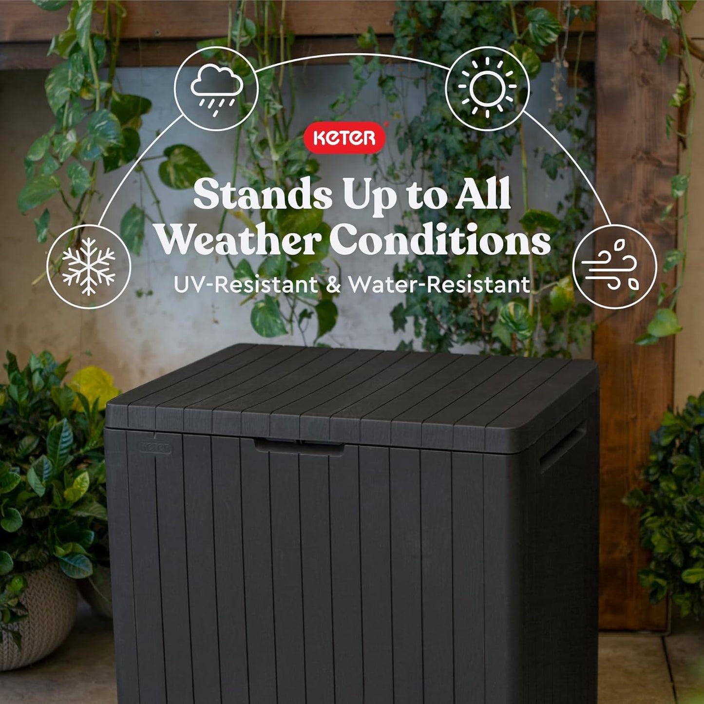 Keter City 30 Gallon Resin Outdoor Storage Box and Patio Storage Box Side Table for Pool and Garden Accessories, Dark Grey