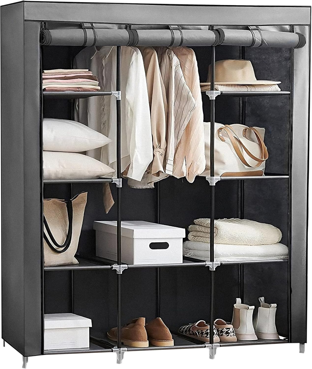 Retoo Kleiderschrank Einfach aus Stoff, Faltschrank, Stoffschrank Kleiderschrank mit Ablagen, Faltbare Textil Garderobe für Schlafzimmer, Ankleidezimmer, Speicherorganisator 148x42x172,5cm