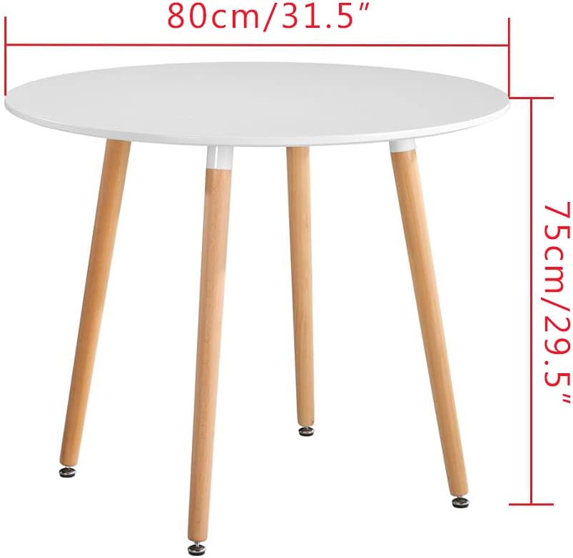 Round Dining Table Modern High Gloss Kitchen Table with Solid Wood Legs 80cm Small Office Table for Dining Room Living Room Cafe Indoor Furniture White AWS-041-3W