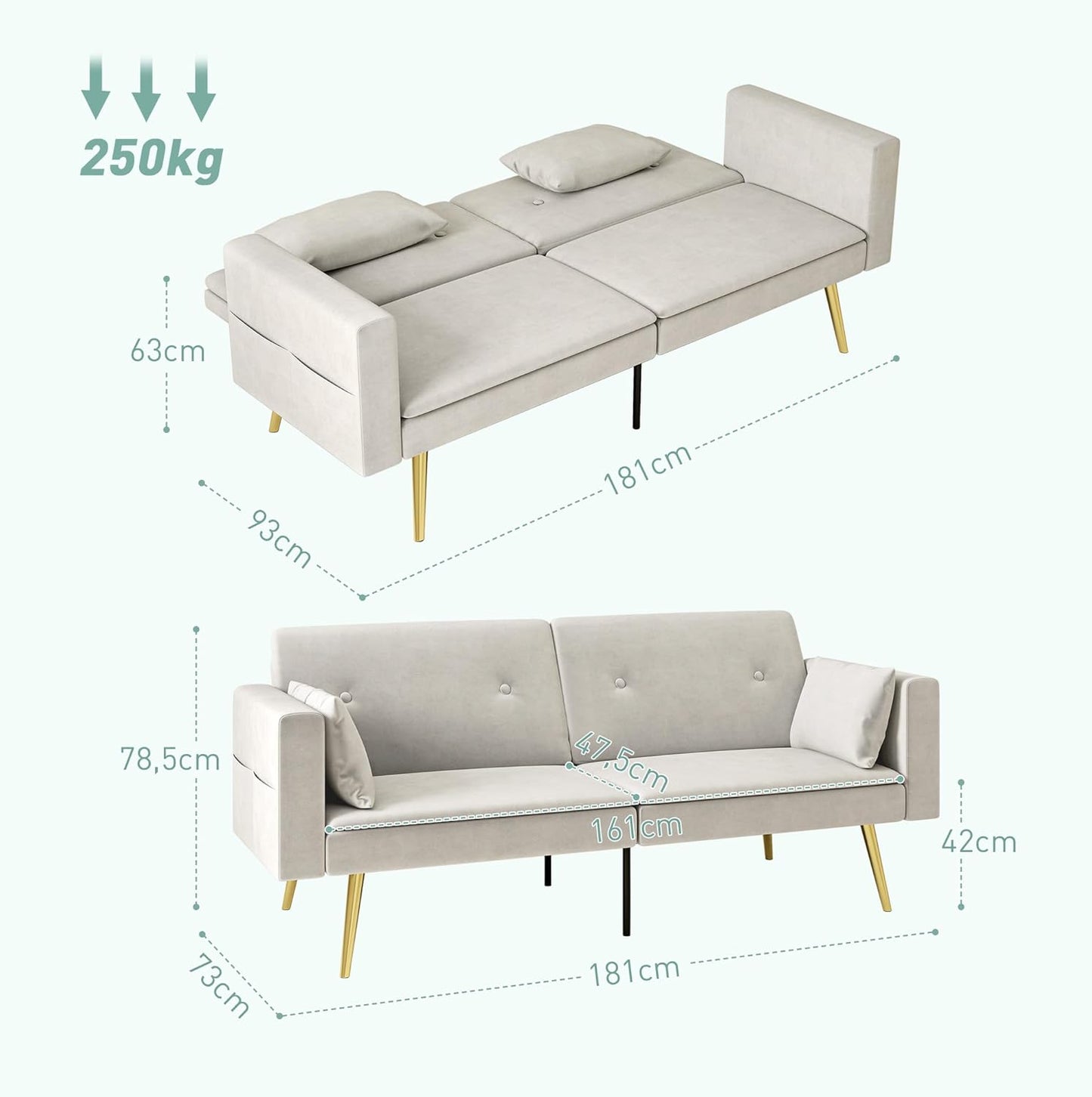 Sofa Bed, Sofa Bed with Adjustable Backrest, Side Pocket, Padded 2-Seater Sofa with Sleep Function, Cushion, for Living Room, Bedroom, Beige