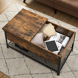 Coffee Table Living Room Table with Folding Top Closed Compartment and Mesh Shelf Metal Frame Industrial Style 100 x 55 x 47 cm Rustic Brown and Black LCT230B01