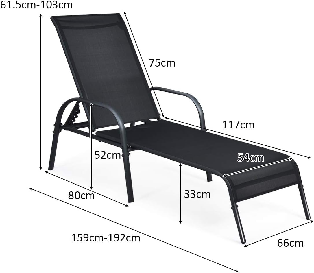 Sun Lounger with 5-Way Adjustable Backrest and Armrests, Garden Lounger Made of Textilene Fabric, Recliner Lounger up to 150 kg Load Capacity for Beach Garden Patio Black