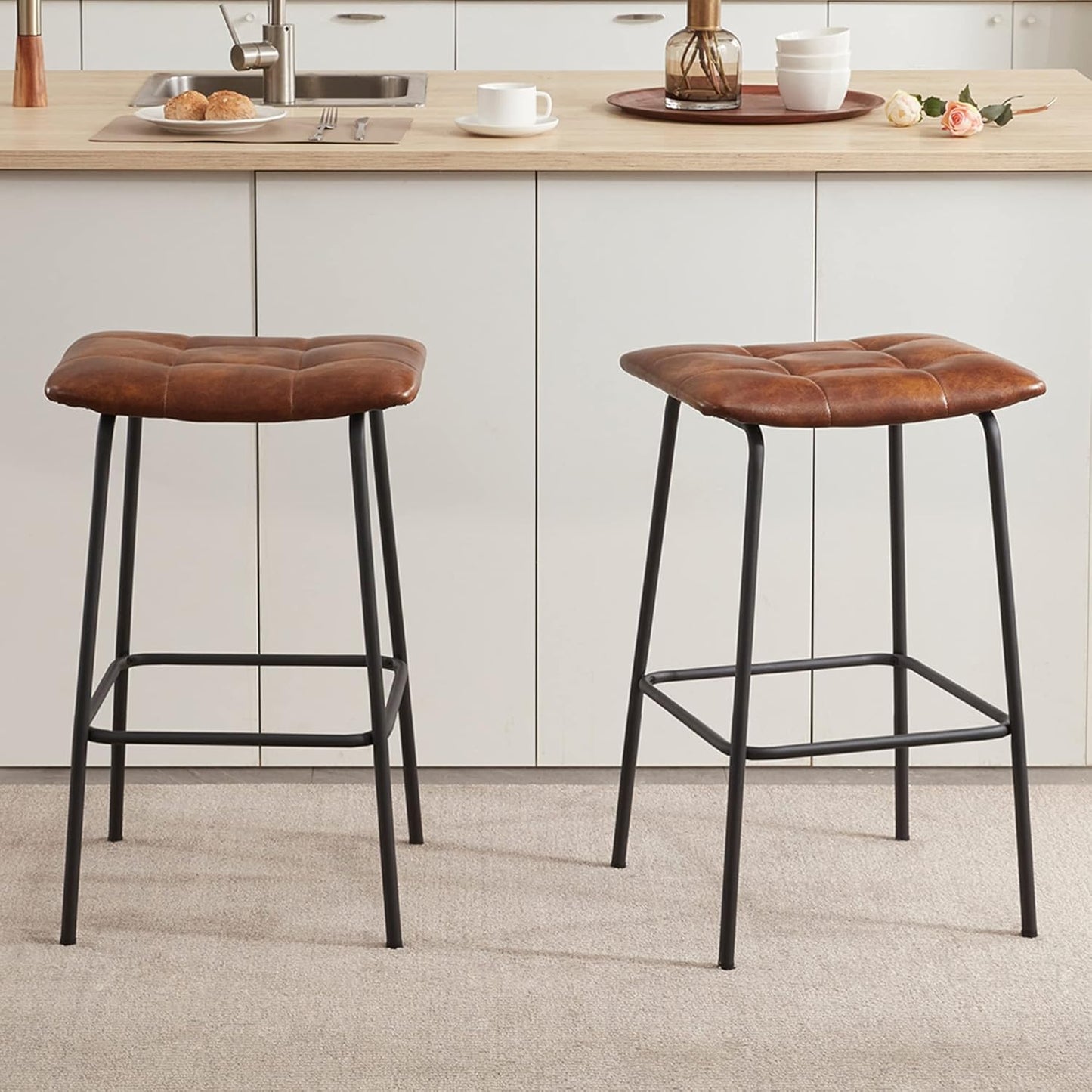 Set of 2 Bar Stools Faux Leather Padded Kitchen Stool with Footrest Seat Height 71 cm Yellow/Brown