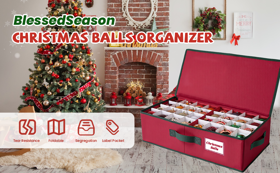 Christmas Ornament Storage Box Fit Balls (36 PCS 4’’ or 64 PCS 3”) with Adjustable Dividers, Cube Storage Containers Organizer, Stackable Storage Bins Dual Zipper, Handles, Visual Slot