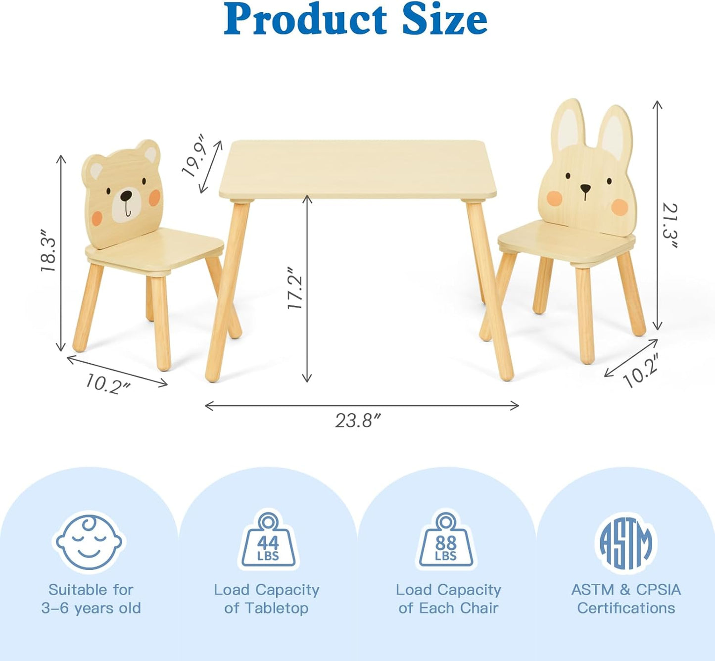 Kids Wood Table and Chair Set - Including 2 Animal Chairs - Waterproof Desktop - Adorable Toddler Table Chairs Set for Eating, Snack Time and Play Games