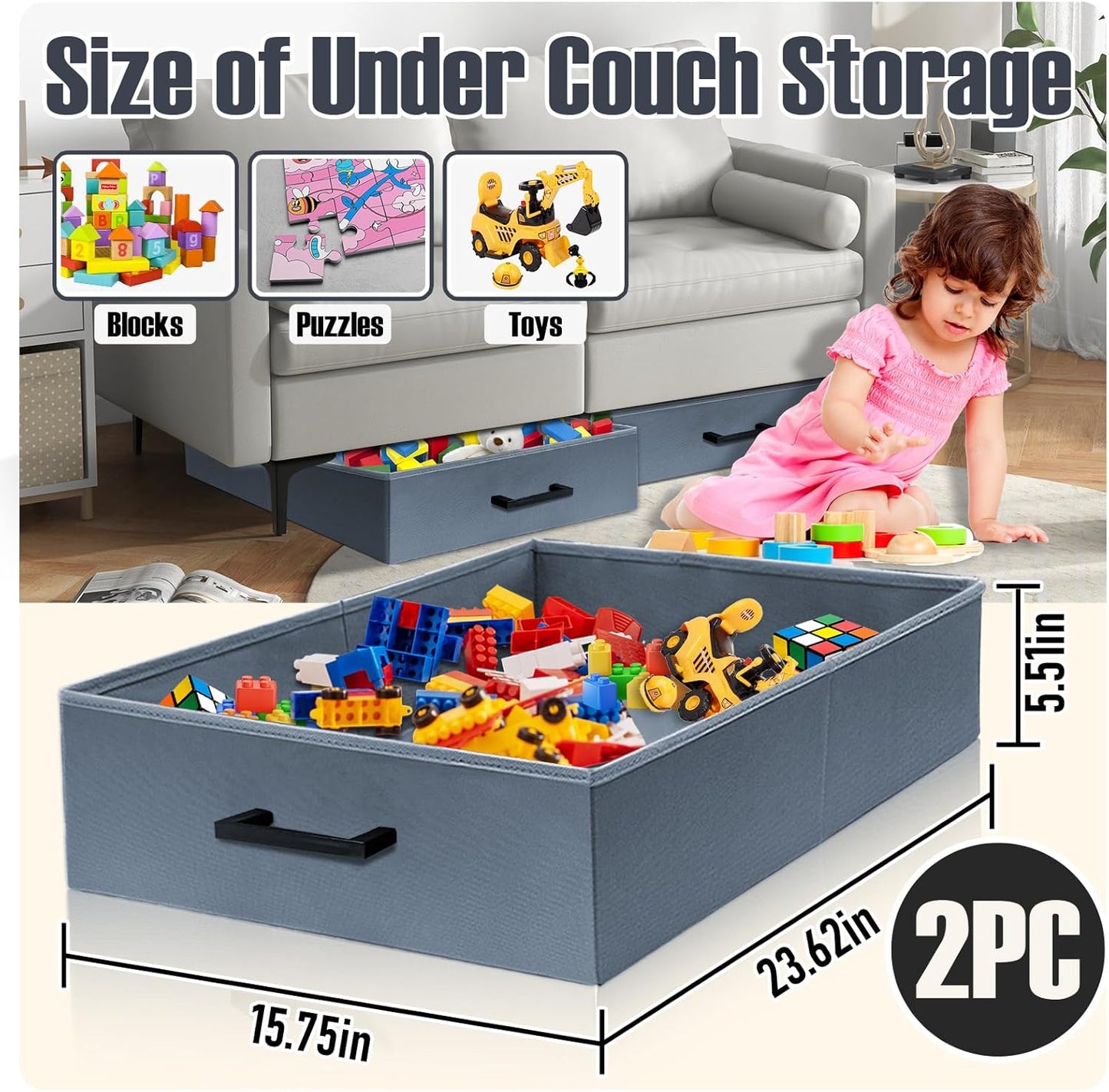 Under Couch Storage, 2 Pack Under Couch Storage Containers,Foldable Under Sofa Storage keeps things out,Under Couch Storage Box for Toys,Blocks,Puzzles,Plush Dolls,Books(23.62*15.75*5.51in)