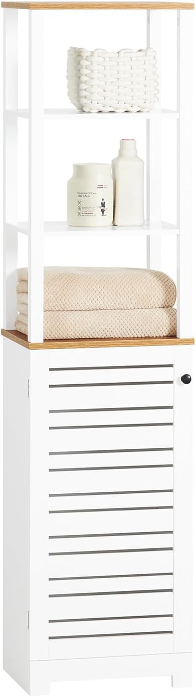 Bathroom Tall Cabinet Bathroom Shelf Bathroom Cabinet with 3 Open Compartments and Slat Door Bathroom Furniture White Natural W x H x H x H x H x D x H x D x H x D x H x H x H x H x H x