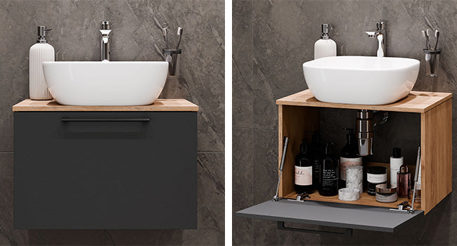 Astra Bathroom Furniture Set with Wash Basin 60 cm with 1 x Midi Cabinet Gold Oak Anthracite, Countertop Sink 42 cm Black, Mirror (with LED) 50 cm